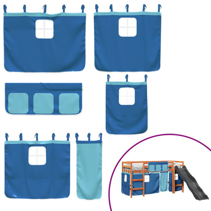 Letto a Soppalco con Tende Bambini Blu 90x200 cm Massello Pino