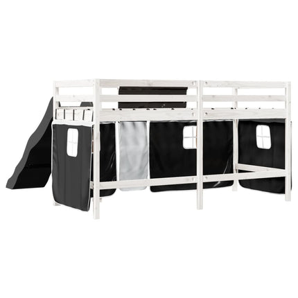 Letto a Soppalco Bambini con Tende Bianco e Nero 90x190 cm Pino