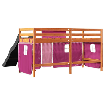 Letto a Soppalco con Tende Bambini Rosa 90x190 cm Massello Pino