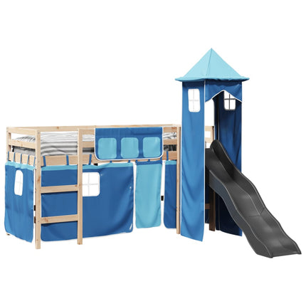 Letto a Soppalco con Torre Bambini Blu 80x200cm Massello Pino