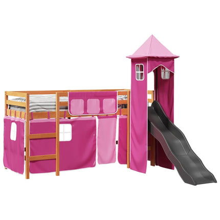 Letto a Soppalco con Torre Bambini Rosa 80x200cm Massello Pino