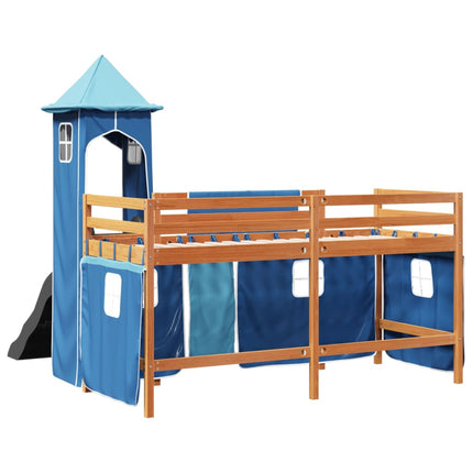 Letto a Soppalco con Torre Bambini Blu 90x190cm Massello Pino