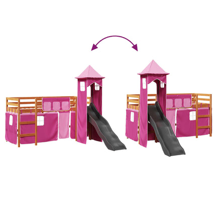 Letto a Soppalco con Torre Bambini Rosa 90x190cm Massello Pino