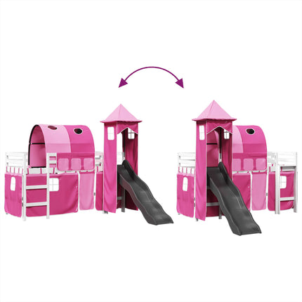 Letto a Soppalco con Torre Bambini Rosa 80x200cm Massello Pino