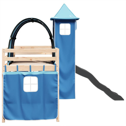 Letto a Soppalco con Torre Bambini Blu 90x190cm Massello Pino