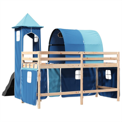 Letto a Soppalco con Torre Bambini Blu 90x190cm Massello Pino