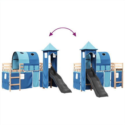 Letto a Soppalco con Torre Bambini Blu 90x190cm Massello Pino