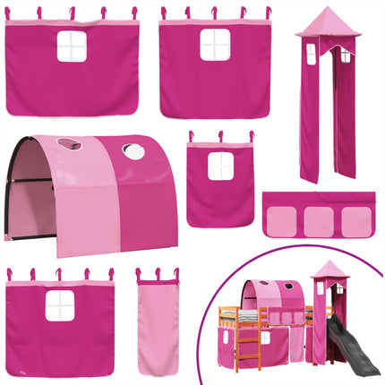 Letto a Soppalco con Torre Bambini Rosa 90x190cm Massello Pino