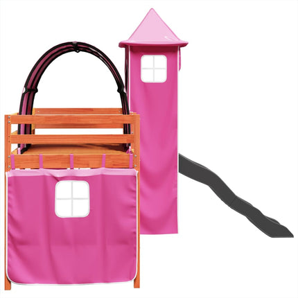 Letto a Soppalco con Torre Bambini Rosa 90x190cm Massello Pino