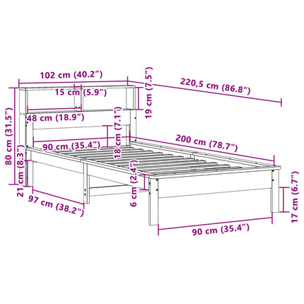 Letto Libreria senza Materasso Bianca 90x200 cm Legno di Pino