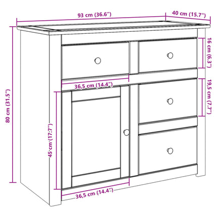 Credenza con Cassetti Panama 93x40x80 cm Legno Massello di Pino