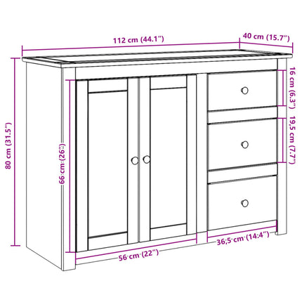 Credenza con Cassetti Panama 112x40x80cm Legno Massello di Pino