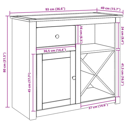 Credenza con Cassetto Panama 93x40x80 cm Legno Massello di Pino