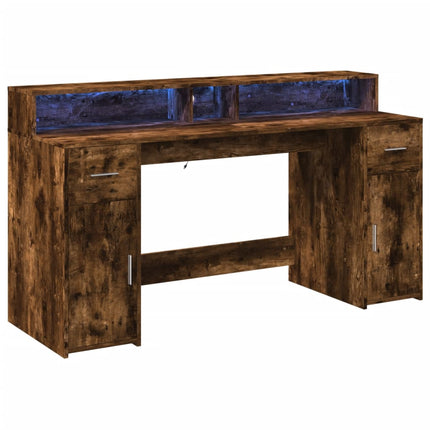 Scrivania con Luci LED Rovere Fumo 160x55x91 cm in Multistrato