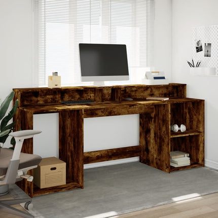 Scrivania con Luci LED Rovere Fumo 200x55x91 cm in Truciolato