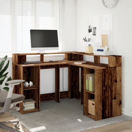 Scrivania con Luci LED Legno Antico 130x130x91 cm in Truciolato