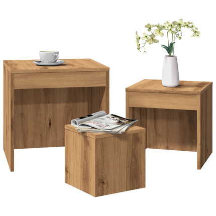 Tavolini Impilabili 3 pz Rovere Artigianale Legno Multistrato