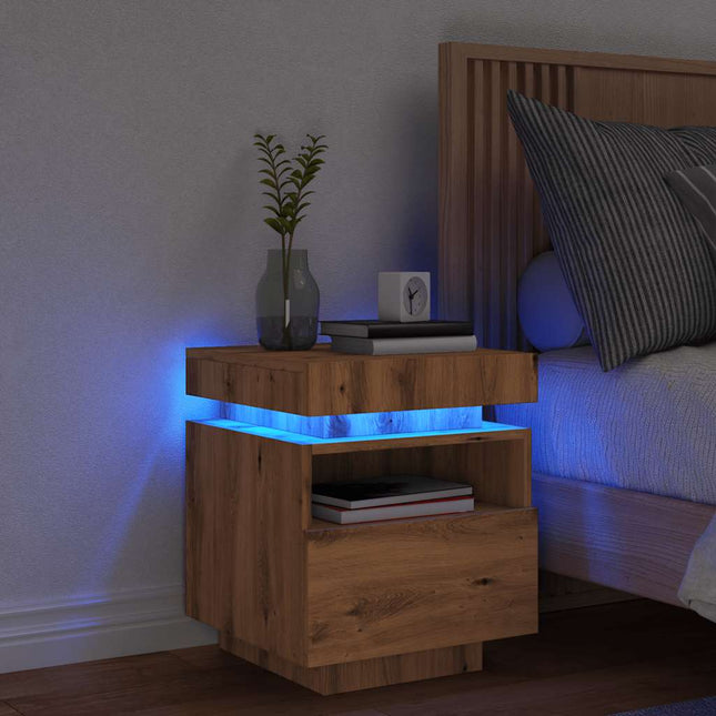 Comodino con Luci LED Rovere Artigianale 40x39x48,5 cm