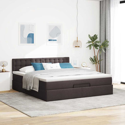 Pouf Letto con Materasso e LED Marrone Scuro 180x200cm Tessuto