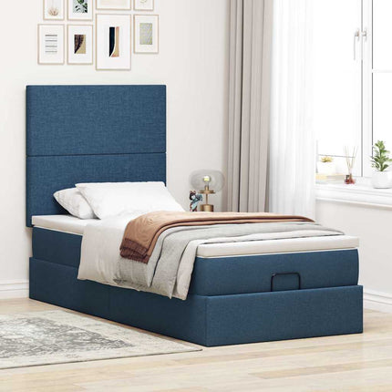 Pouf Letto con Materasso e LED Blu 90x200 cm in Tessuto