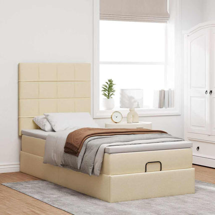 Pouf Letto con Materasso e LED Crema 90x200 cm in Tessuto
