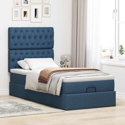 Pouf Letto con Materasso e LED Blu 90x200 cm in Tessuto