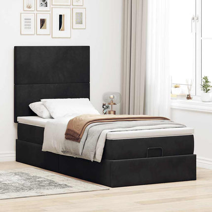 Struttura Letto Pouf con Materassi Nero 90x200 cm in Velluto