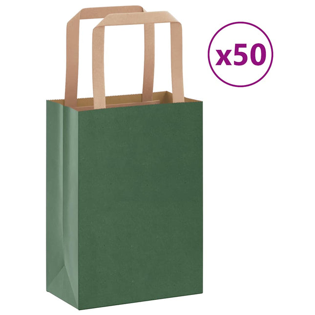 Sacchetti di Carta Kraft 50 pz con Manici Verdi 15x8x21 cm