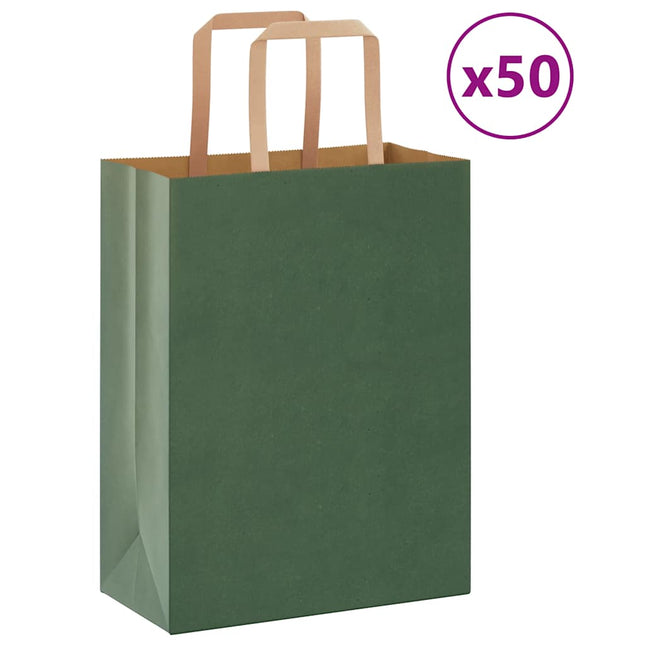 Sacchetti di Carta Kraft 50 pz con Manici Verdi 21x11x28 cm