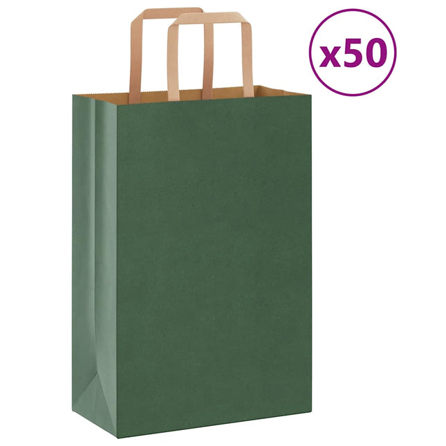 Sacchetti di Carta Kraft 50 pz con Manici Verdi 21x11x31 cm