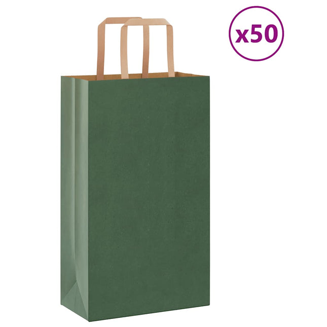 Sacchetti di Carta Kraft 50 pz con Manici Verdi 21x11x36 cm