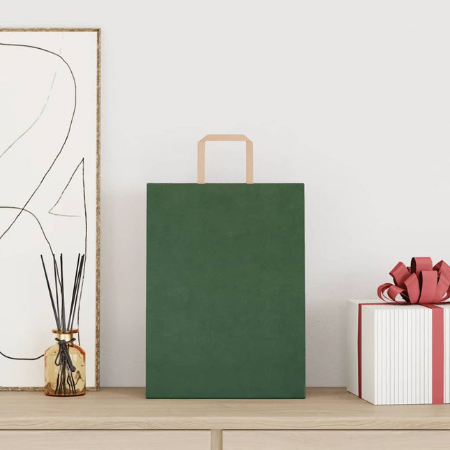 Sacchetti di Carta Kraft 50 pz con Manici Verdi 26x12x35 cm
