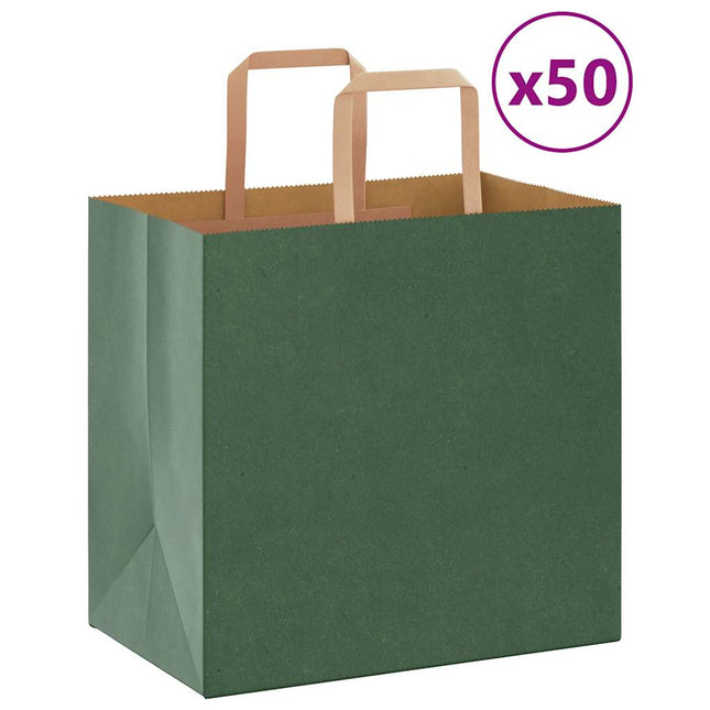 Sacchetti di Carta Kraft 50 pz con Manici Verdi 26x17x25 cm