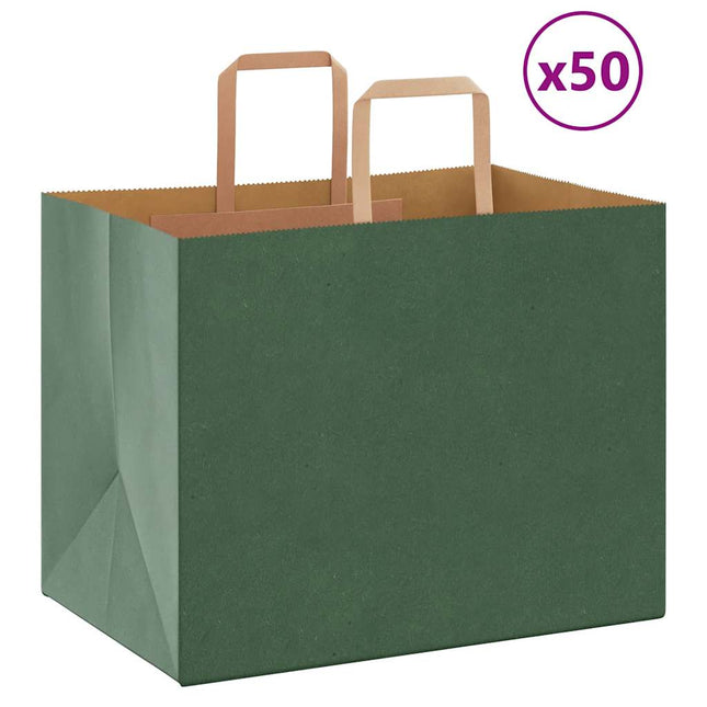 Sacchetti di Carta Kraft 50 pz con Manici Verdi 32x22x24 cm
