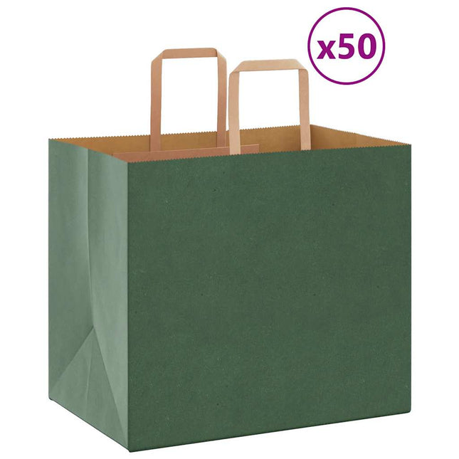 Sacchetti di Carta Kraft 50 pz con Manici Verdi 32x22x28 cm