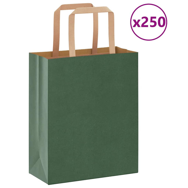 Sacchetti di Carta Kraft 250 pz con Manici Verdi 18x8x22 cm
