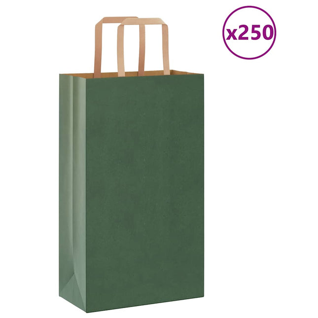 Sacchetti di Carta Kraft 250 pz con Manici Verdi 21x11x36 cm