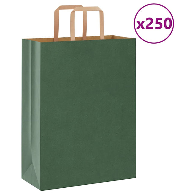 Sacchetti di Carta Kraft 250 pz con Manici Verdi 26x12x35 cm