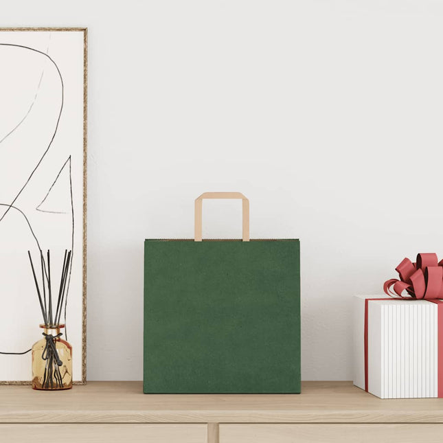 Sacchetti di Carta Kraft 250 pz con Manici Verdi 26x17x25 cm