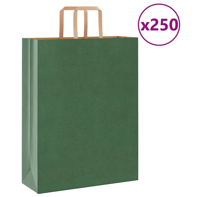 Sacchetti di Carta Kraft 250 pz con Manici Verdi 32x12x42 cm
