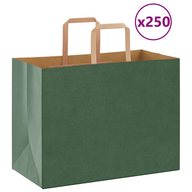 Sacchetti di Carta Kraft 250 pz con Manici Verdi 32x17x25 cm