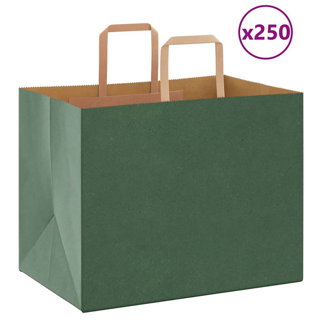 Sacchetti di Carta Kraft 250 pz con Manici Verdi 32x22x24 cm