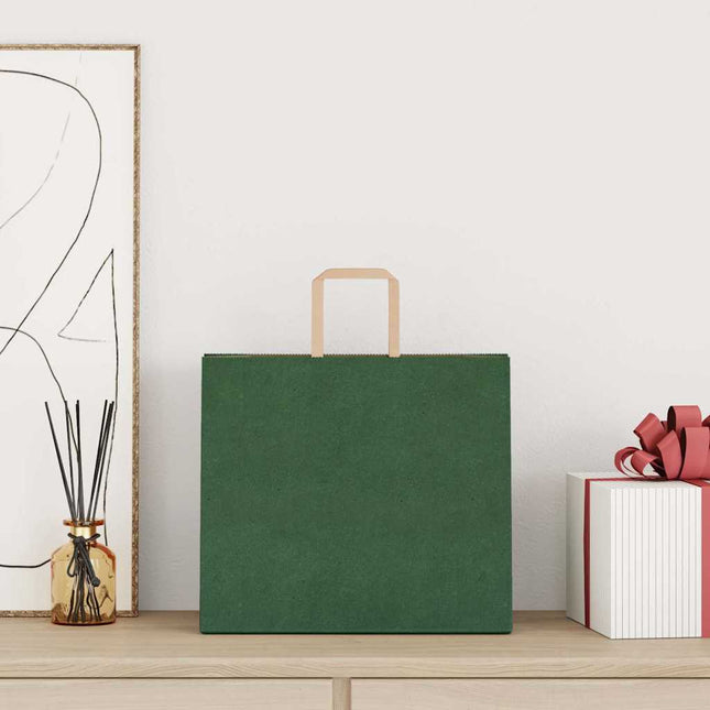 Sacchetti di Carta Kraft 250 pz con Manici Verdi 32x22x28 cm