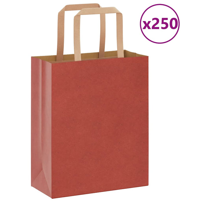 Sacchetti di Carta Kraft 250 pz con Manici Rossi 18x8x22 cm