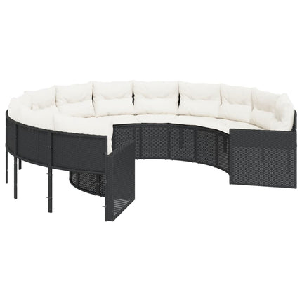 Divano da Giardino con Cuscini Circolare Nero in Polyrattan