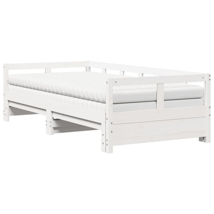 Divano Letto con Rotelle e Materasso Bianco 90x200cm Legno Pino