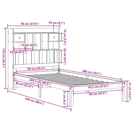 Letto Libreria senza Materasso 90x200 cm Legno Massello Pino