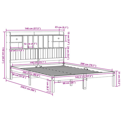 Letto Libreria senza Materasso Marrone Cera 140x200 cm in Pino