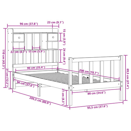 Letto Libreria senza Materasso 90x200 cm Legno Massello Pino