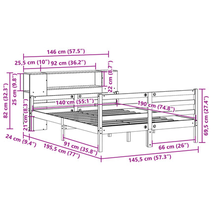 Letto Libreria senza Materasso 140x190 cm in Legno di Pino